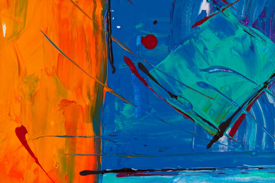 Dynamic abstract art with vivid colors and textures, blending orange and blue tones.